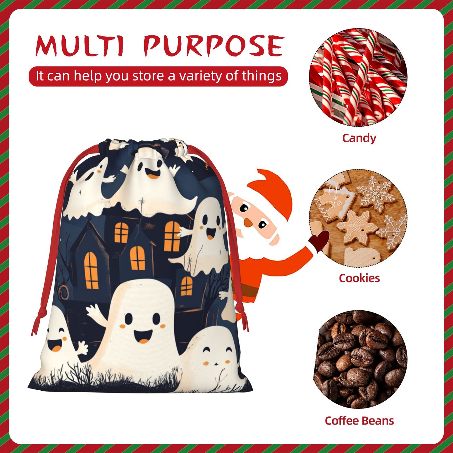 Halloween Haunted House Ghost Print Ultra-Soft Velvet Drawstring Gift Bag Large-Capacity Storage Pouch (30×40cm)
