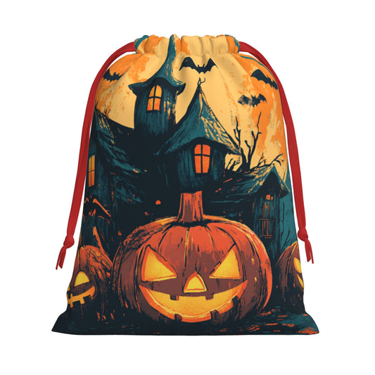 Halloween Pumpkin Lantern & Haunted House Print Ultra-Soft Velvet Drawstring Gift Bag Large-Capacity Storage Pouch (30×40cm)
