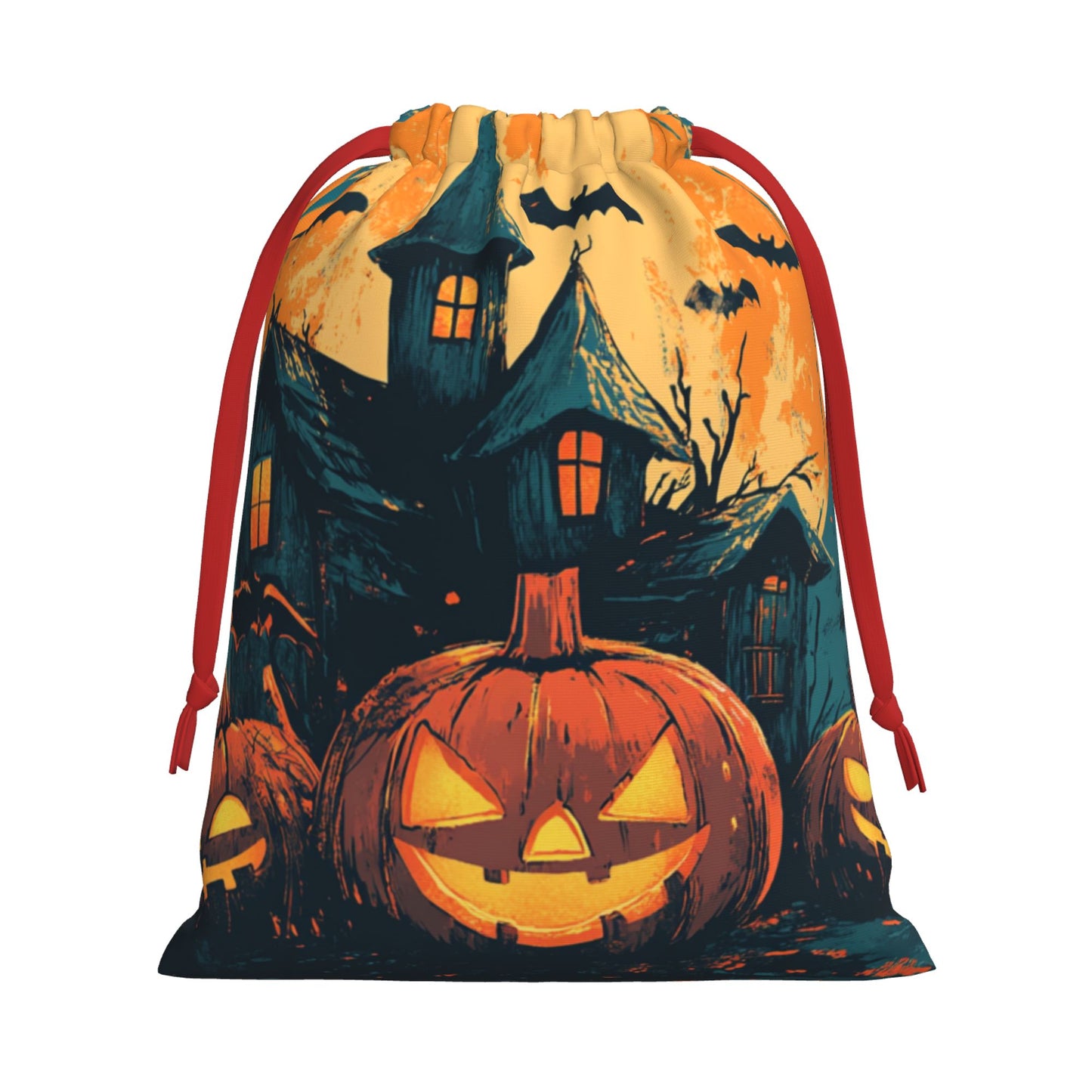 Halloween Pumpkin Lantern & Haunted House Print Ultra-Soft Velvet Drawstring Gift Bag Large-Capacity Storage Pouch (30×40cm)