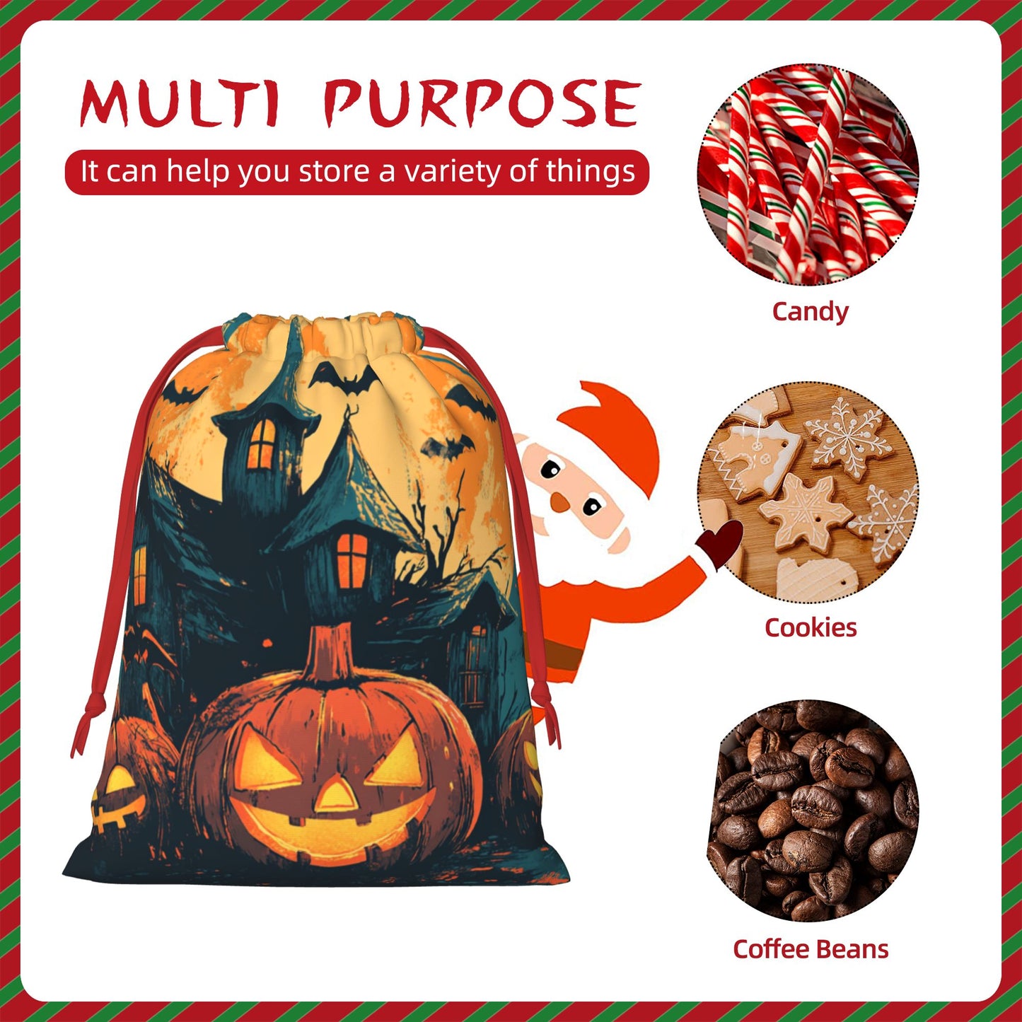 Halloween Pumpkin Lantern & Haunted House Print Ultra-Soft Velvet Drawstring Gift Bag Large-Capacity Storage Pouch (30×40cm)