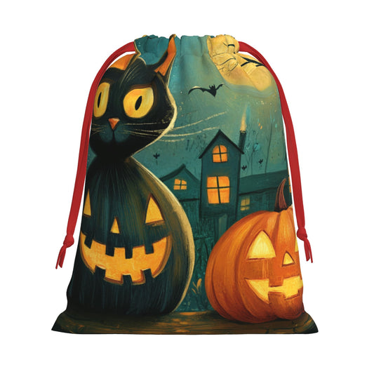Halloween Black Cat & Pumpkin Lantern Print Ultra-Soft Velvet Drawstring Gift Bag Large-Capacity Storage Pouch (30×40cm)