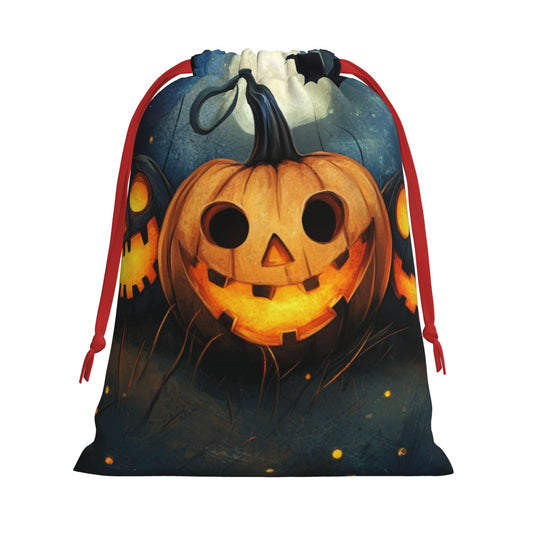 Halloween Round-Eye Pumpkin Lantern Print Ultra-Soft Velvet Drawstring Gift Bag Large-Capacity Storage Pouch (30×40cm)