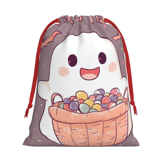 Halloween Cute Ghost with Candy Basket Print Ultra-Soft Velvet Drawstring Gift Bag Large-Capacity Storage Pouch (30×40cm)