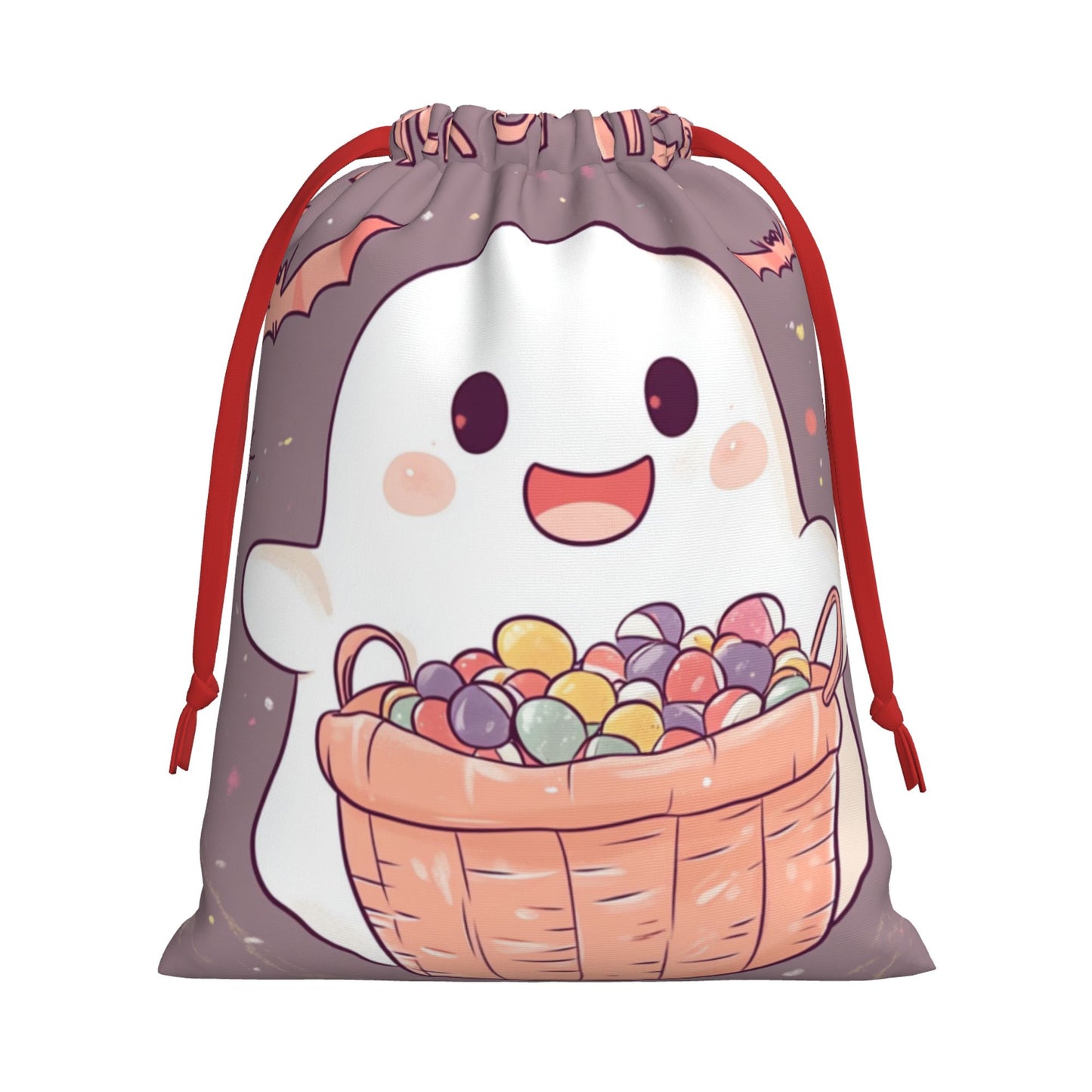 Halloween Cute Ghost with Candy Basket Print Ultra-Soft Velvet Drawstring Gift Bag Large-Capacity Storage Pouch (30×40cm)