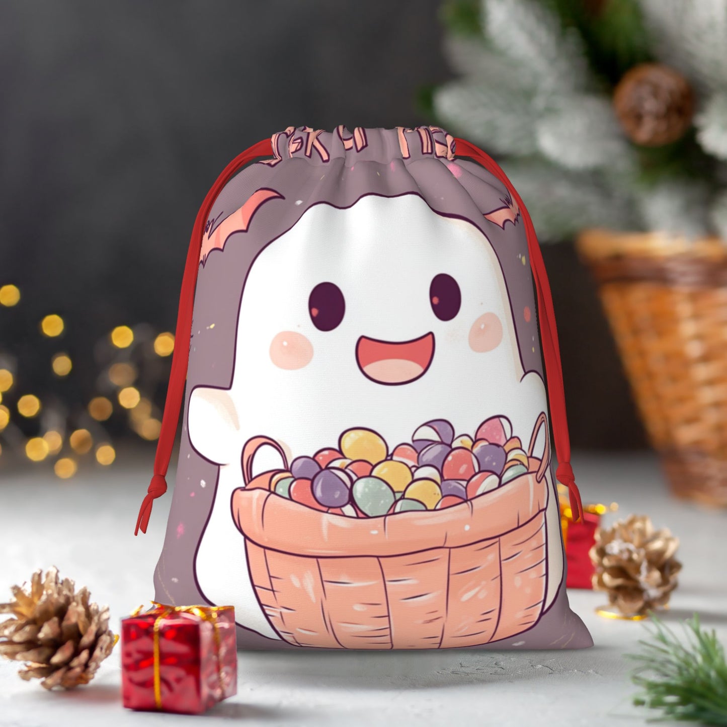 Halloween Cute Ghost with Candy Basket Print Ultra-Soft Velvet Drawstring Gift Bag Large-Capacity Storage Pouch (30×40cm)