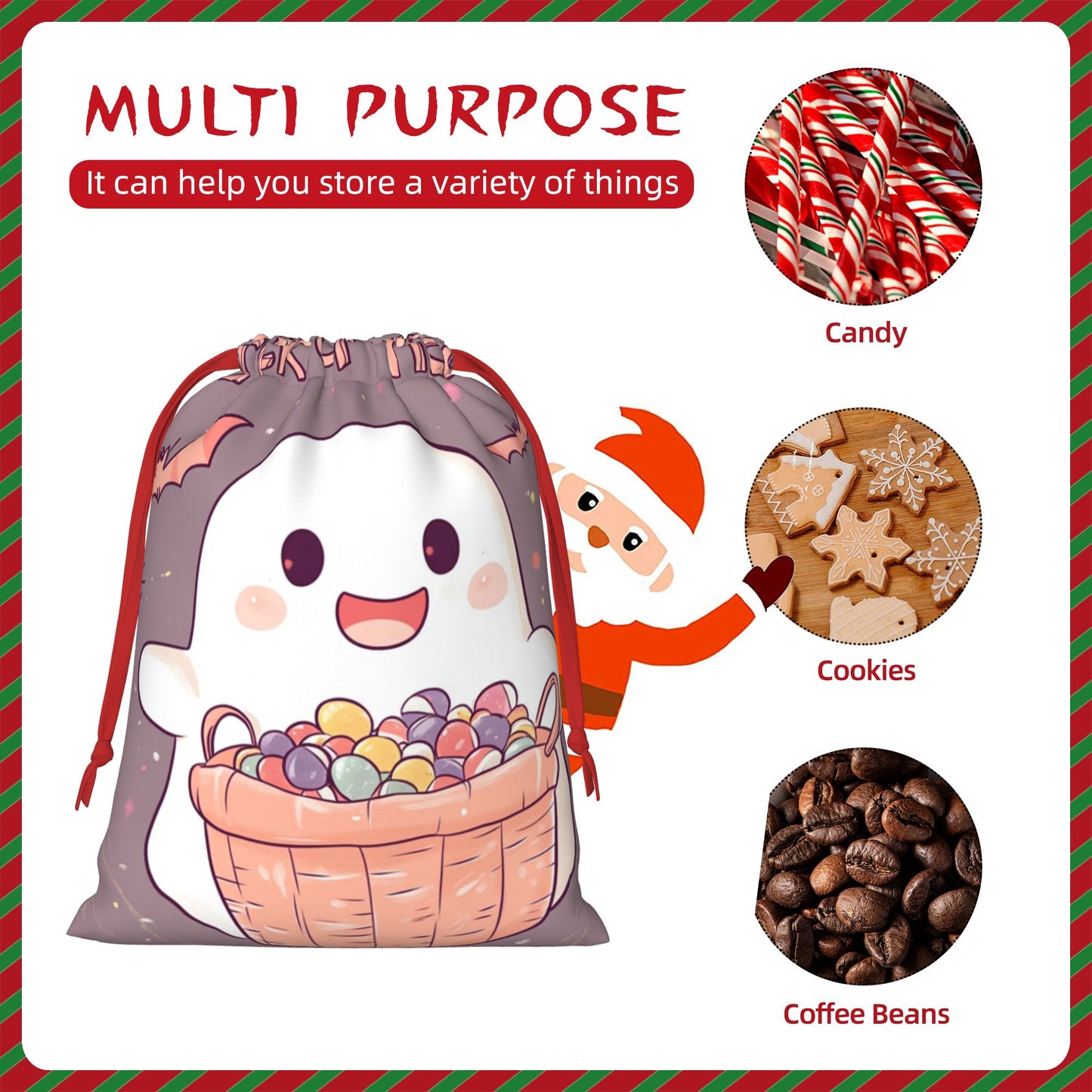 Halloween Cute Ghost with Candy Basket Print Ultra-Soft Velvet Drawstring Gift Bag Large-Capacity Storage Pouch (30×40cm)