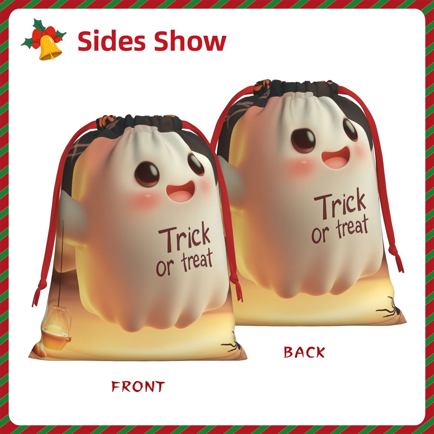 Halloween Cute Ghost Print Ultra-Soft Velvet Drawstring Gift Bag Large-Capacity Storage Pouch (30×40cm)