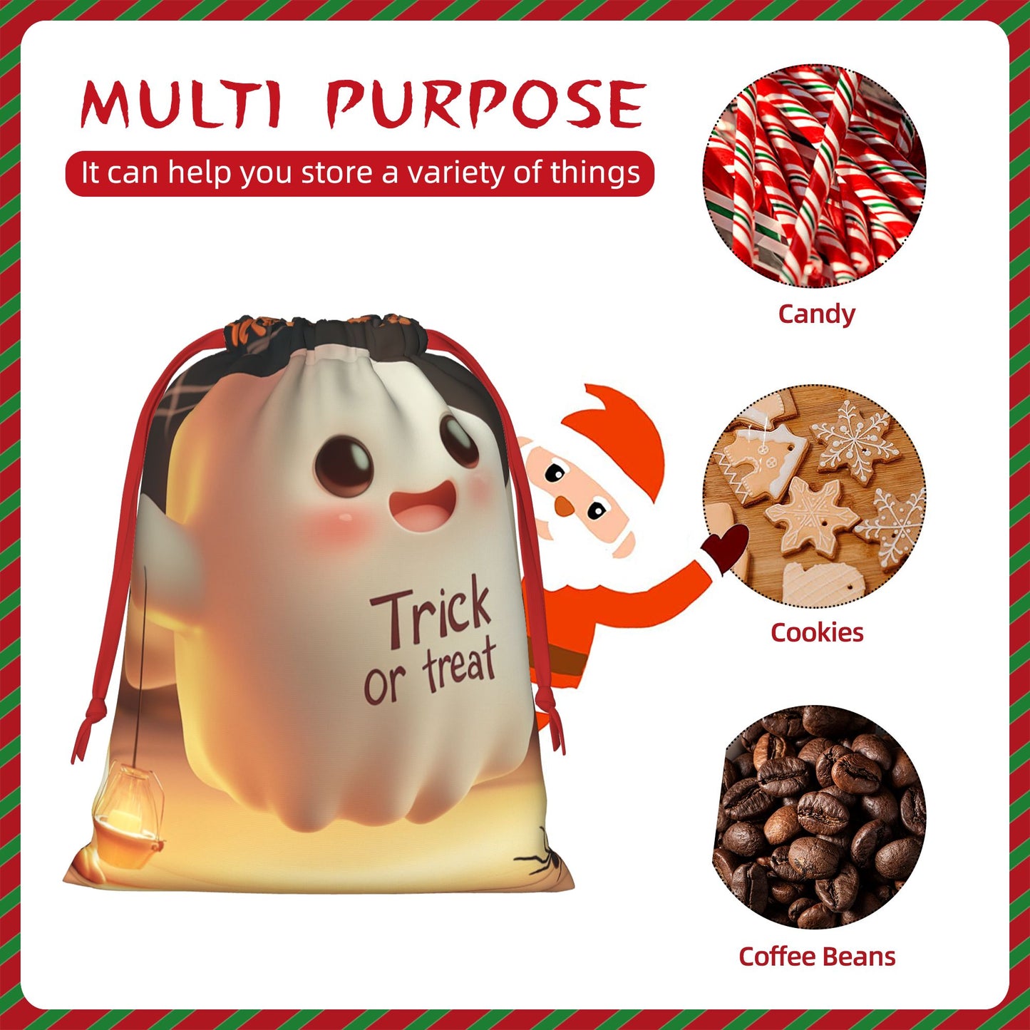 Halloween Cute Ghost Print Ultra-Soft Velvet Drawstring Gift Bag Large-Capacity Storage Pouch (30×40cm)