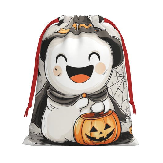 Halloween Cute Ghost Holding Pumpkin Lantern Print Ultra-Soft Velvet Drawstring Gift Bag Large-Capacity Storage Pouch (30×40cm)