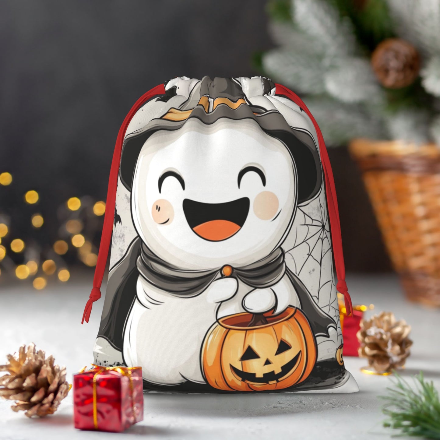 Halloween Cute Ghost Holding Pumpkin Lantern Print Ultra-Soft Velvet Drawstring Gift Bag Large-Capacity Storage Pouch (30×40cm)