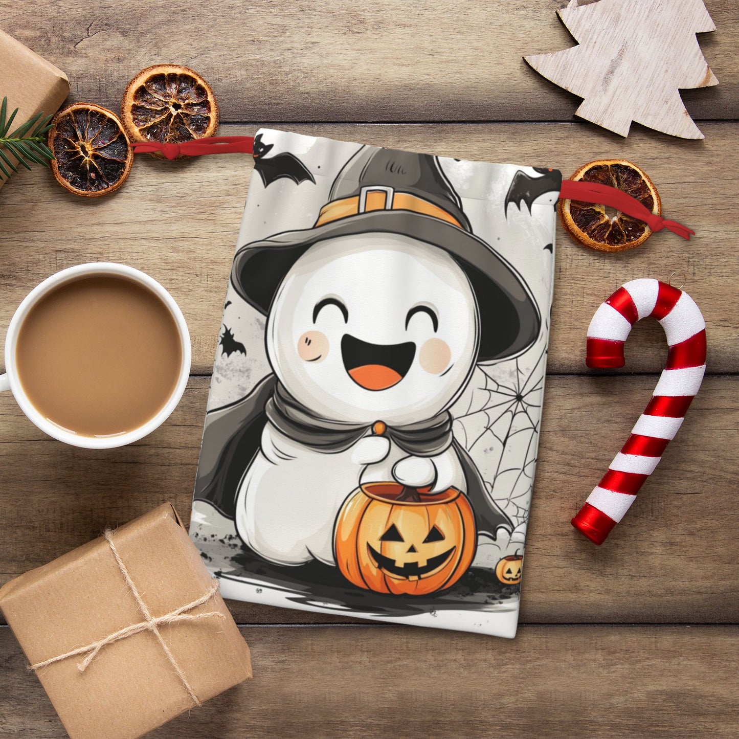 Halloween Cute Ghost Holding Pumpkin Lantern Print Ultra-Soft Velvet Drawstring Gift Bag Large-Capacity Storage Pouch (30×40cm)